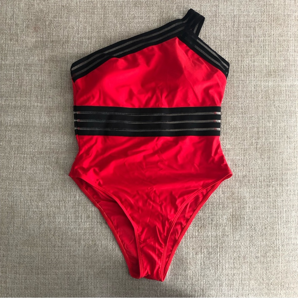 Casabaco One Piece Swimsuit One Shoulder Women’s Size L Red Mesh Trim